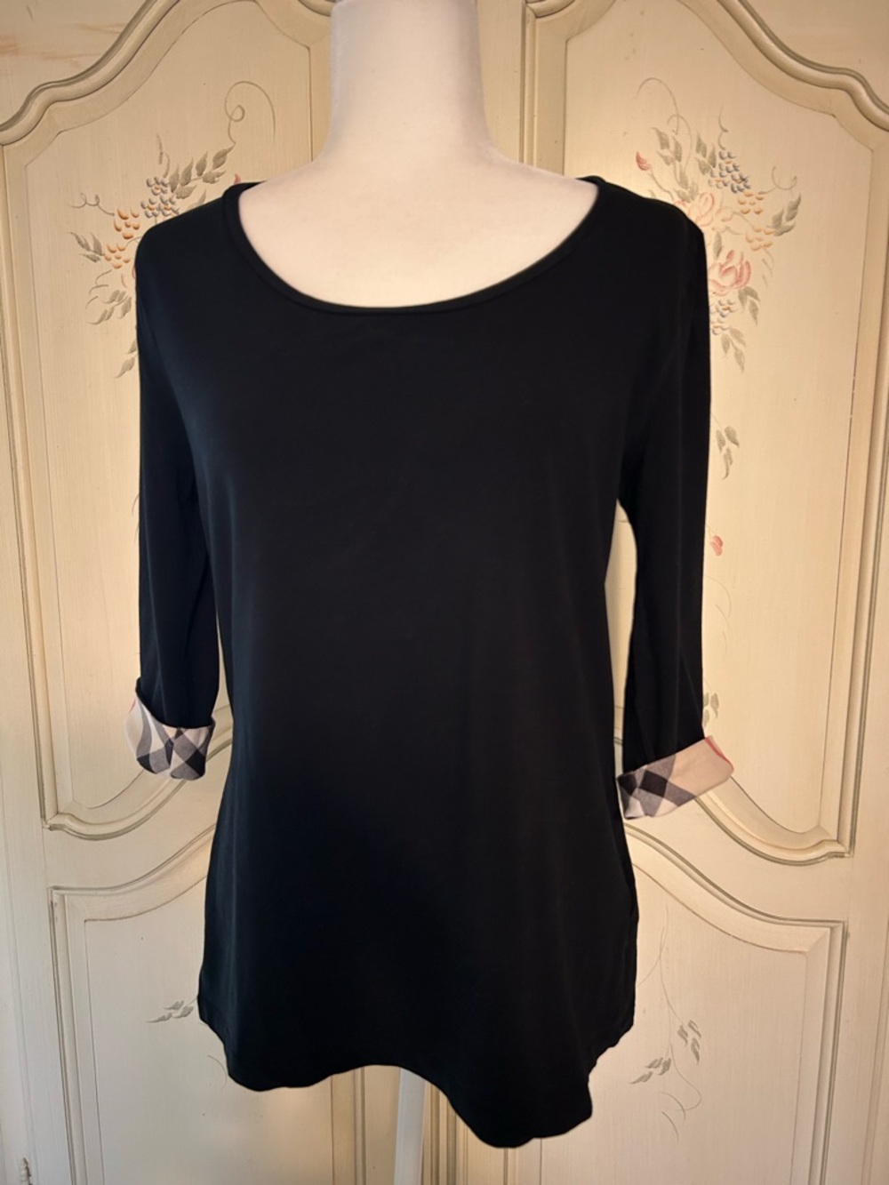 Burberry Black Scoop Neck Long Sleeve Top with Signature Plaid Cuffs